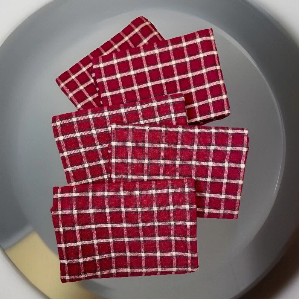 Set Of 5 Park Imports & Design Plaid Loomed Burgundy Hand Kitchen Dish Towel